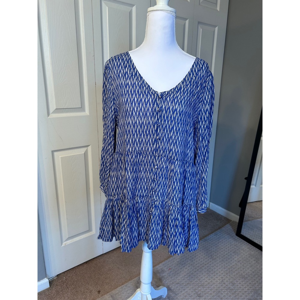 Maeve Medium Blue‎ White Tiered Ruffle V Neck Button Front Tunic Top Medium